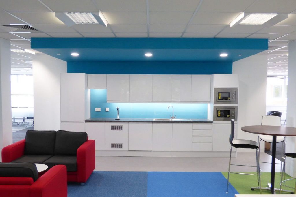 Kantar, High Wycombe. Kitchn with feature ceiling and splashback